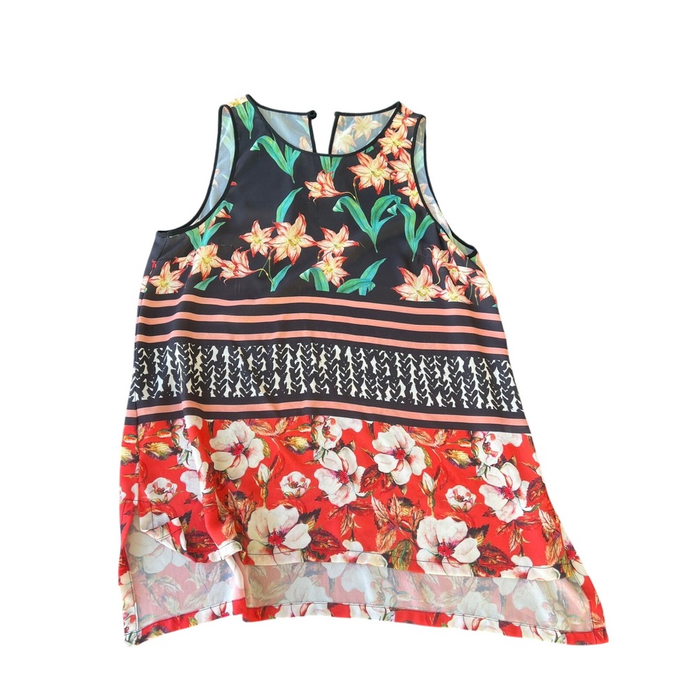 Clover Canyon Mixed Floral Stripe Print High Low Sleeveless Tunic Top Large